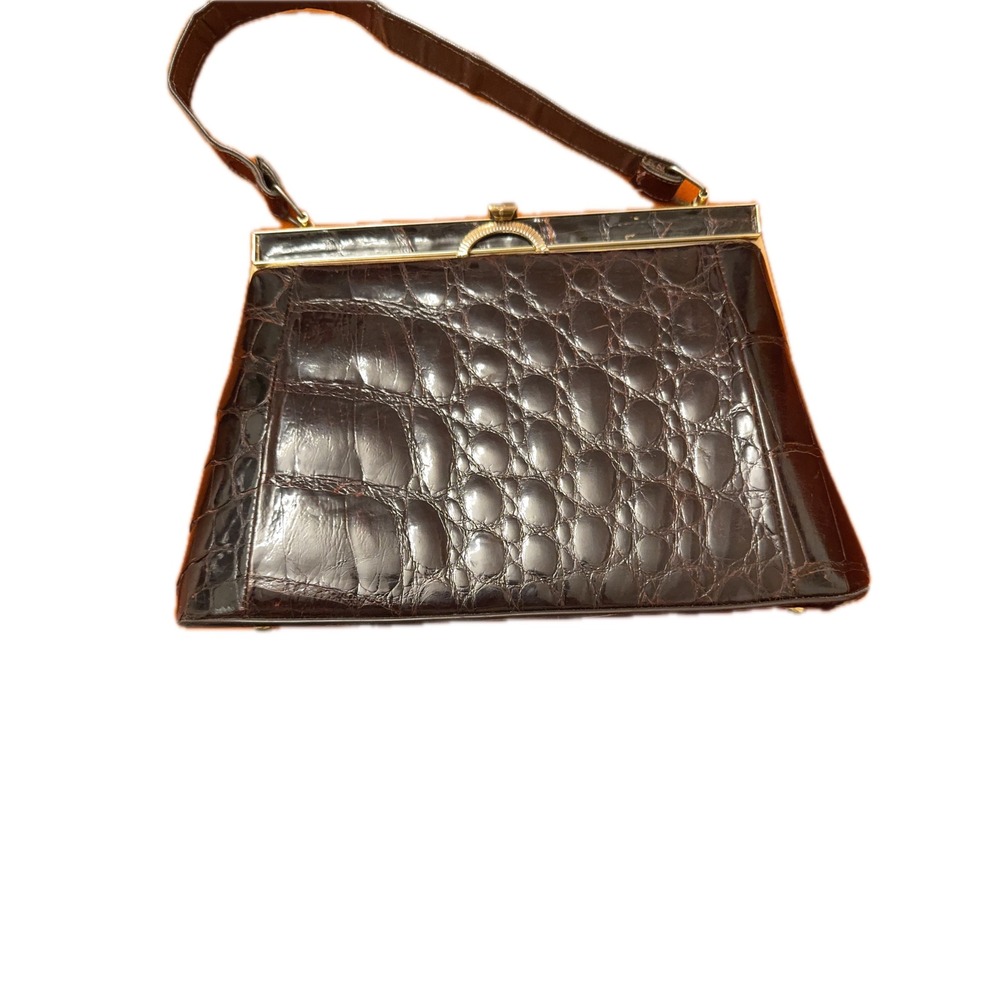 Vintage Brown Croc‎ Embossed Structured Top Handle Bag Gold Frame